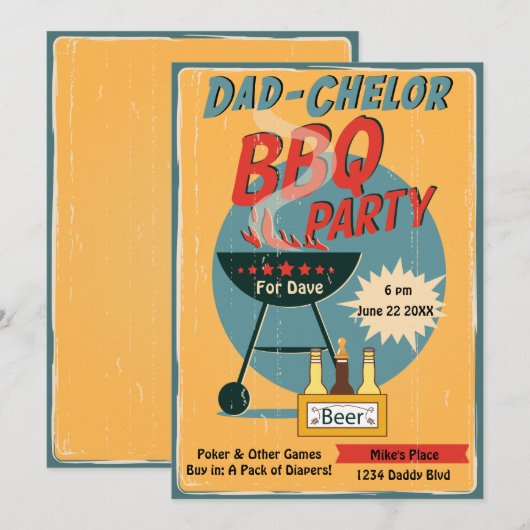 Retro Dad-Chelor BBQ Party Baby shower Kaart (Voorkant / Achterkant)
