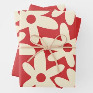 Retro Daisies Floral Pattern Red en Cream Inpakpapier Vel