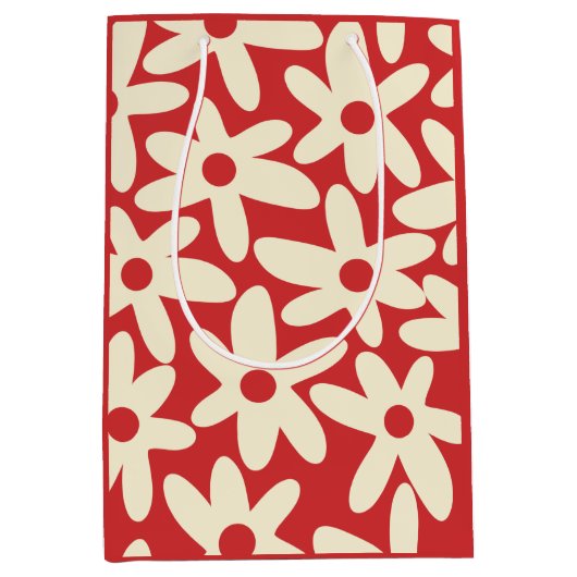 Retro Daisies Floral Pattern Red en Cream Medium Cadeauzakje (Voorkant)
