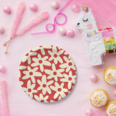 Retro Daisies Floral Pattern Red en Cream Papieren Bordje (Feest)