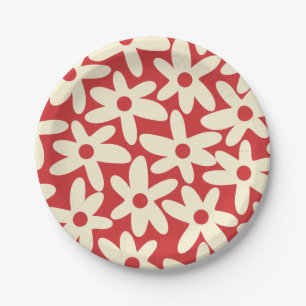 Retro Daisies Floral Pattern Red en Cream Papieren Bordje