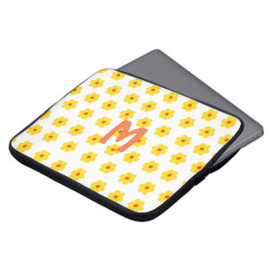 Retro Daisies Geel en Sinaasappel en Witte Bloemen Laptop Sleeve