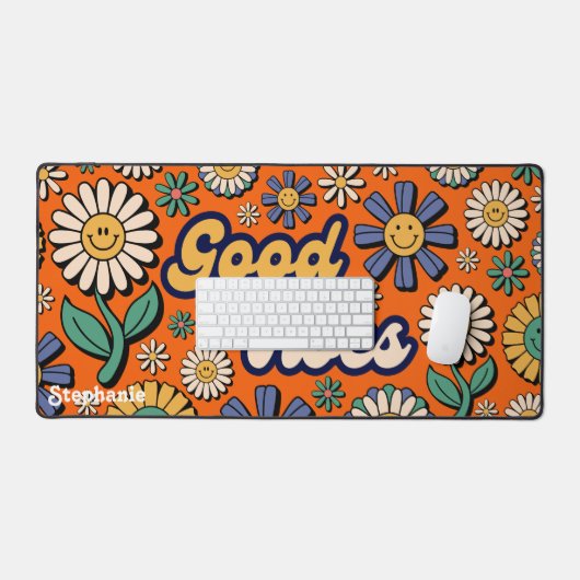Retro Daisies Groovy 70s Good Vibes Naam Script Bureaumat (Keyboard & Muis)