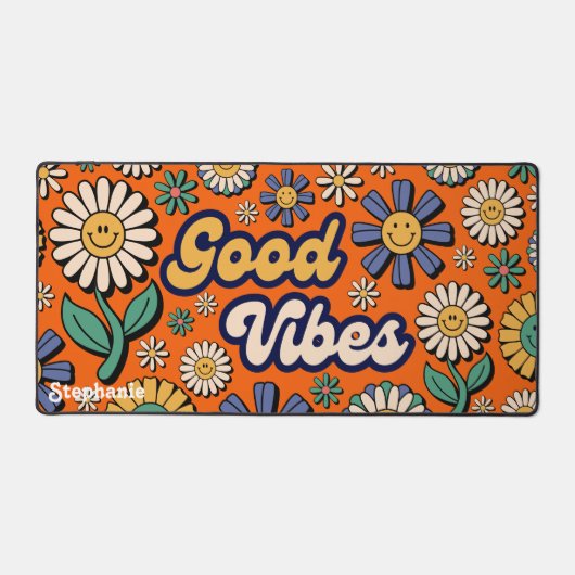 Retro Daisies Groovy 70s Good Vibes Naam Script Bureaumat (Voorkant)