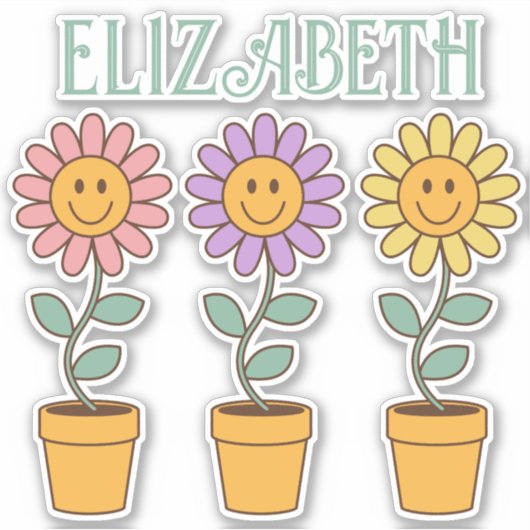Retro Daisies in Pots Glimlach Gepersonaliseerd Sticker (Voorkant)