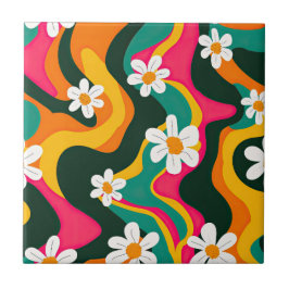 Retro Daisies Kleurrijke 70s Hippie Patroon Tegeltje