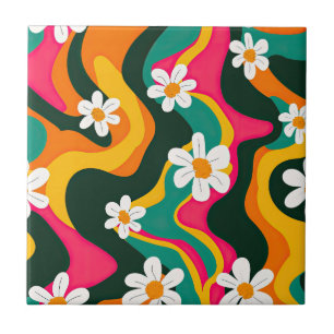 Retro Daisies Kleurrijke 70s Hippie Patroon Tegeltje