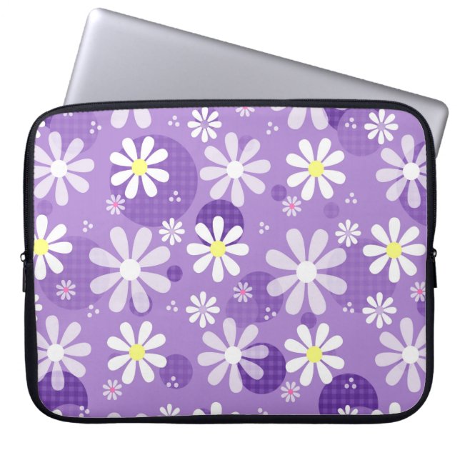 Retro Daisies Paarse Gingham Circles Laptop Sleeve (Voorkant)