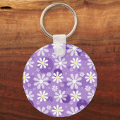 Retro Daisies Paarse Gingham Circles Sleutelhanger (Voorkant)