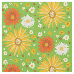 Retro Daisies Pattern Green Stof
