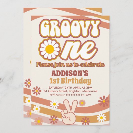 Retro Daisies Peace Sign Groovy One 1e verjaardag Kaart (Voorkant / Achterkant)