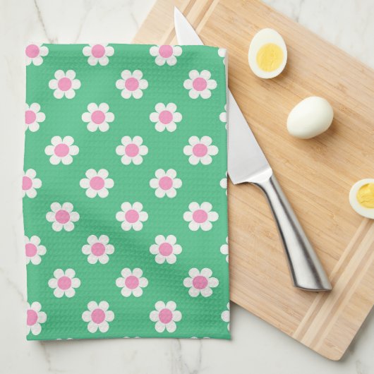 Retro Daisies Pink en Green Theedoek (Quarter Fold)