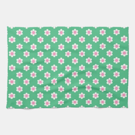 Retro Daisies Pink en Green Theedoek (Horizontaal)