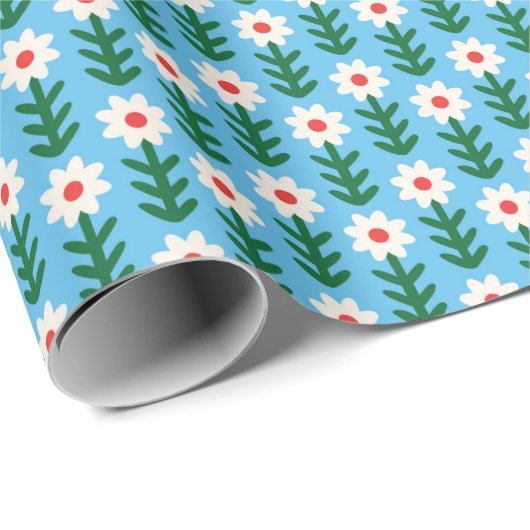 Retro Daisies Rood, Groen & Blauw Cadeaupapier (Rol Hoek)