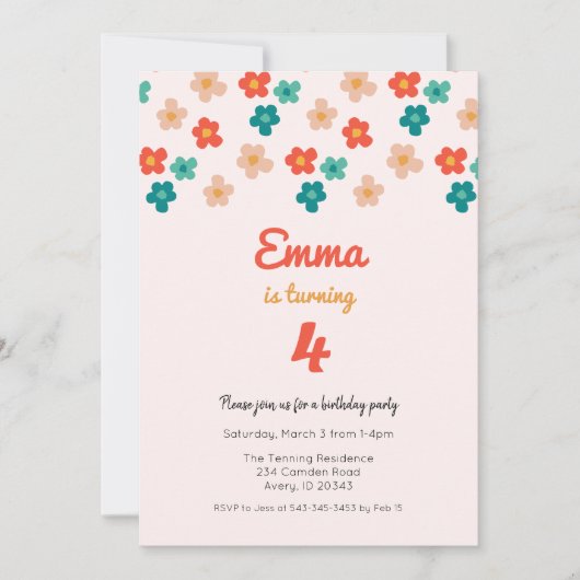 Retro Daisies Roze Meisjes Verjaardagsfeest Uitnod Kaart (Voorkant)