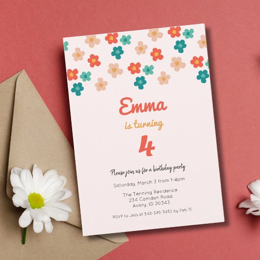 Retro Daisies Roze Meisjes Verjaardagsfeest Uitnod Kaart