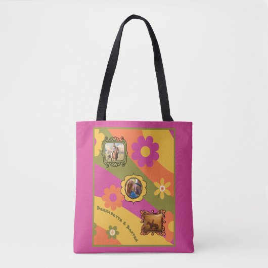 Retro Daisy 3 Foto Paard Pet Collage en Naam Tote Bag (Voorkant)