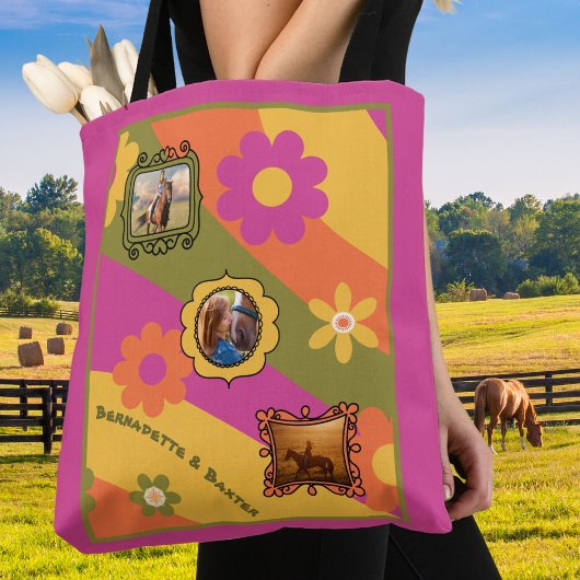 Retro Daisy 3 Foto Paard Pet Collage en Naam Tote Bag