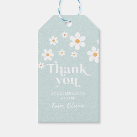 Retro Daisy blauwe boho bedank kaartjes Cadeaulabel (Voorkant)
