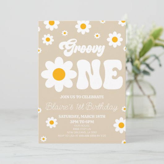 Retro Daisy Bloem Groovy Een 1e Verjaardagsfeest Kaart (Staand voorkant)