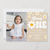 Retro Daisy Bloem Groovy Een 1e Verjaardagsfeest Kaart (Voorkant)
