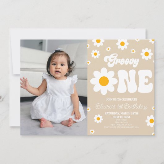 Retro Daisy Bloem Groovy Een 1e Verjaardagsfeest Kaart (Voorkant)
