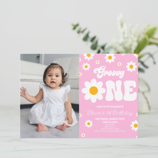 Retro Daisy Bloem Groovy Een 1e Verjaardagsfeest Kaart (Staand voorkant)