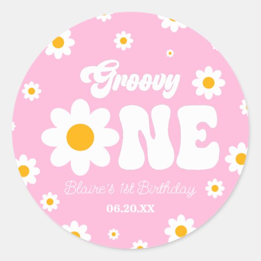 Retro Daisy Bloem Groovy Een 1e Verjaardagsfeest Ronde Sticker (Voorkant)
