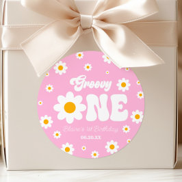 Retro Daisy Bloem Groovy Een 1e Verjaardagsfeest Ronde Sticker
