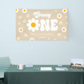 Retro Daisy Bloem Groovy Een 1e Verjaardagsfeest Spandoek (Beurs)