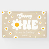 Retro Daisy Bloem Groovy Een 1e Verjaardagsfeest Spandoek (Horizontaal)