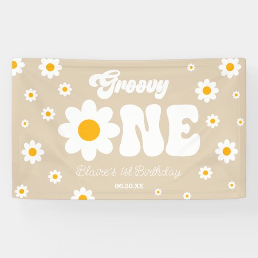 Retro Daisy Bloem Groovy Een 1e Verjaardagsfeest Spandoek (Horizontaal)