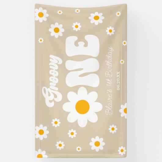 Retro Daisy Bloem Groovy Een 1e Verjaardagsfeest Spandoek (Verticaal)