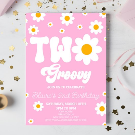 Retro Daisy Bloem Twee Groovy 2e Verjaardagsfeest Kaart