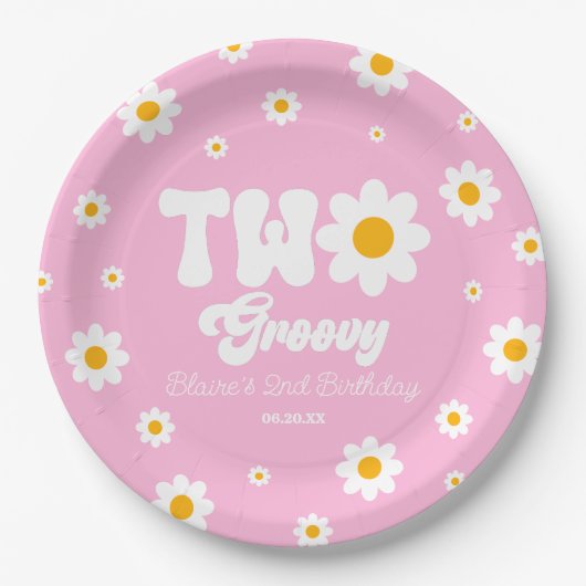 Retro Daisy Bloem Twee Groovy 2e Verjaardagsfeest Papieren Bordje (Voorkant)