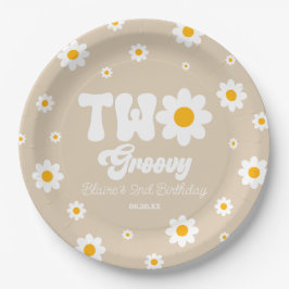 Retro Daisy Bloem Twee Groovy 2e Verjaardagsfeest Papieren Bordje