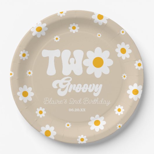 Retro Daisy Bloem Twee Groovy 2e Verjaardagsfeest Papieren Bordje (Voorkant)