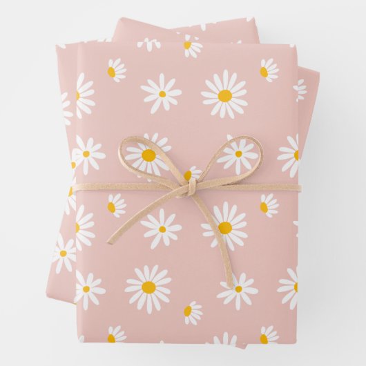 Retro Daisy Bloemen Blush Roze Baby Meisje Verjaar Inpakpapier Vel (In situ)