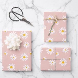 Retro Daisy Bloemen Blush Roze Baby Meisje Verjaar Inpakpapier Vel