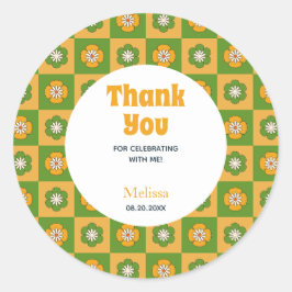 Retro Daisy Bloemen Geruite Verjaardag Dank u Ronde Sticker