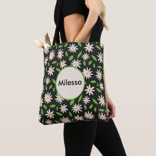 Retro Daisy bloemen op Black Custom Name Tote Bag