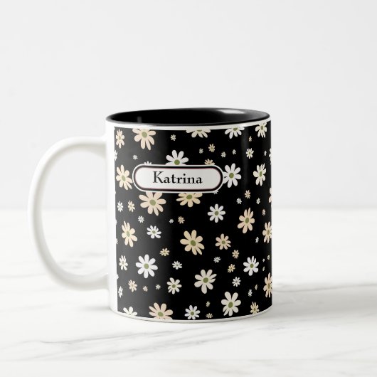 Retro Daisy Bloemen Patroon Boho gepersonaliseerd  Tweekleurige Koffiemok (Links)