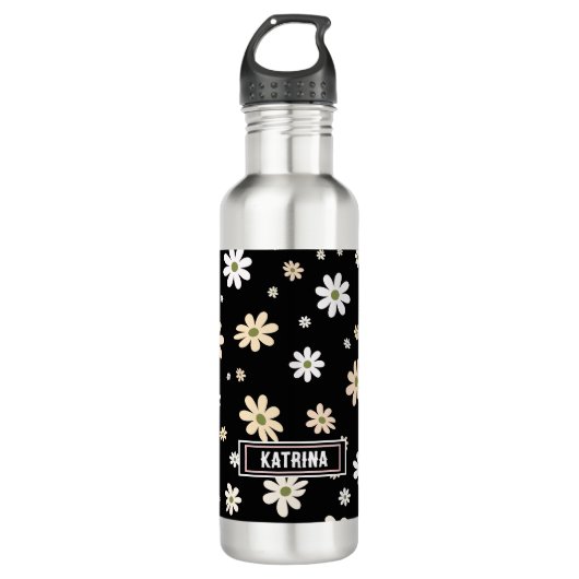 Retro Daisy Bloemen Patroon Boho gepersonaliseerd  Waterfles (Voorkant)