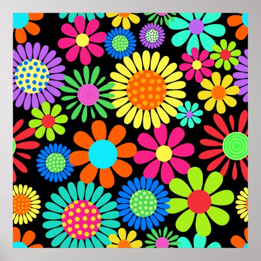 Retro Daisy Blossom Flower Power Pattern Poster (Voorkant)