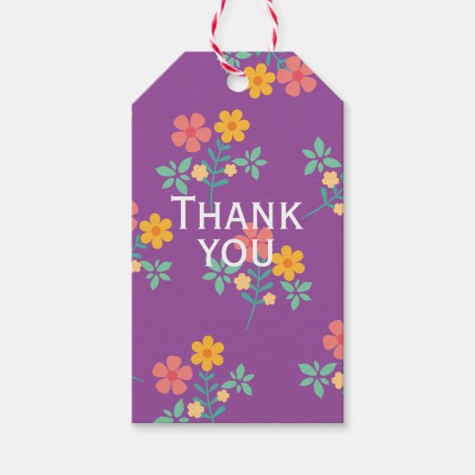 Retro Daisy Boeket Patroon in Paars Dank U Cadeaulabel (Voorkant)