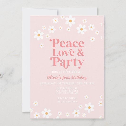 Retro daisy boho floral peace love party kaart (Voorkant)