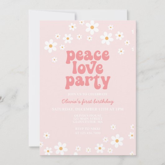 Retro daisy boho floral peace love party kaart (Voorkant)