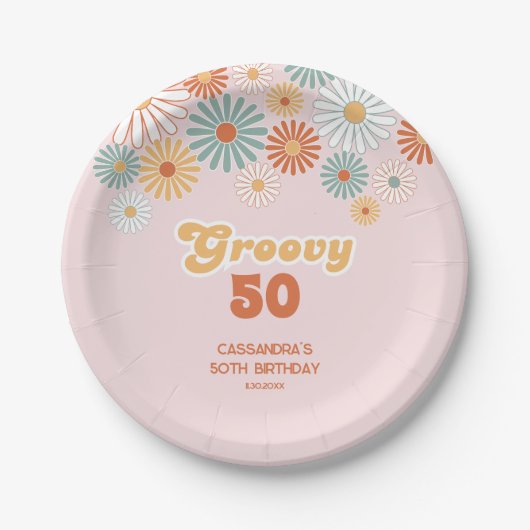 Retro Daisy Boho Groovy Floral Birthday Papieren Bordje (Voorkant)