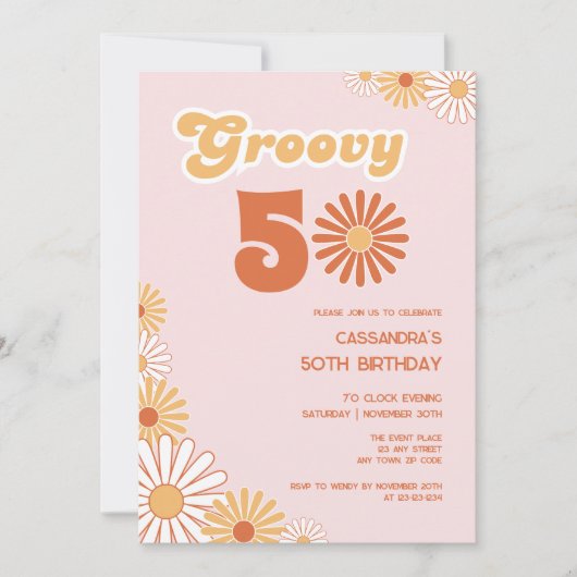Retro Daisy Boho Orange Pink 50th Birthday Kaart (Voorkant)