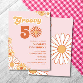 Retro Daisy Boho Orange Pink 50th Birthday Kaart
